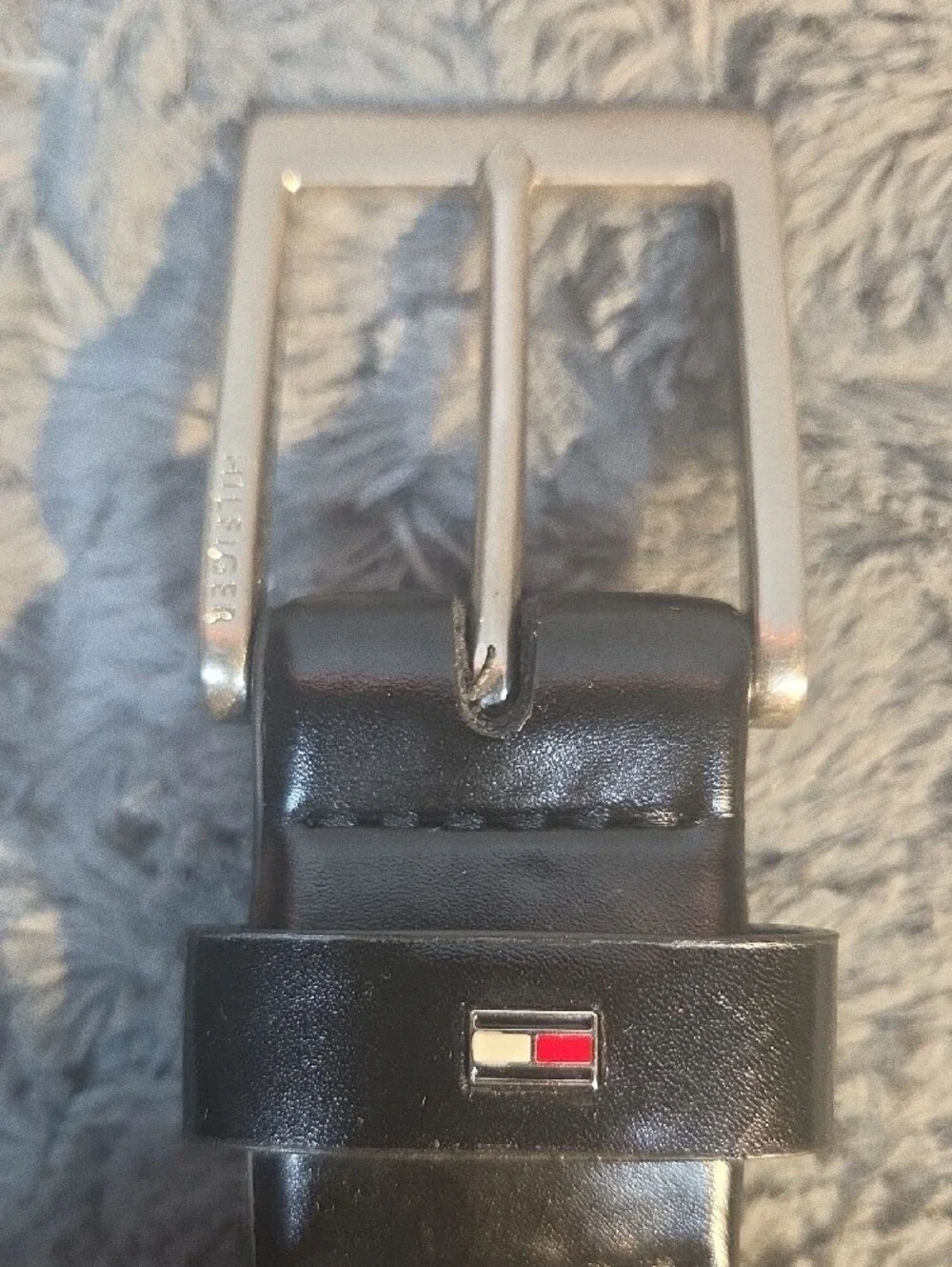 Tommy Hilfiger Black Leather Belt with Silver Buckle and Red/White/Blue Logo